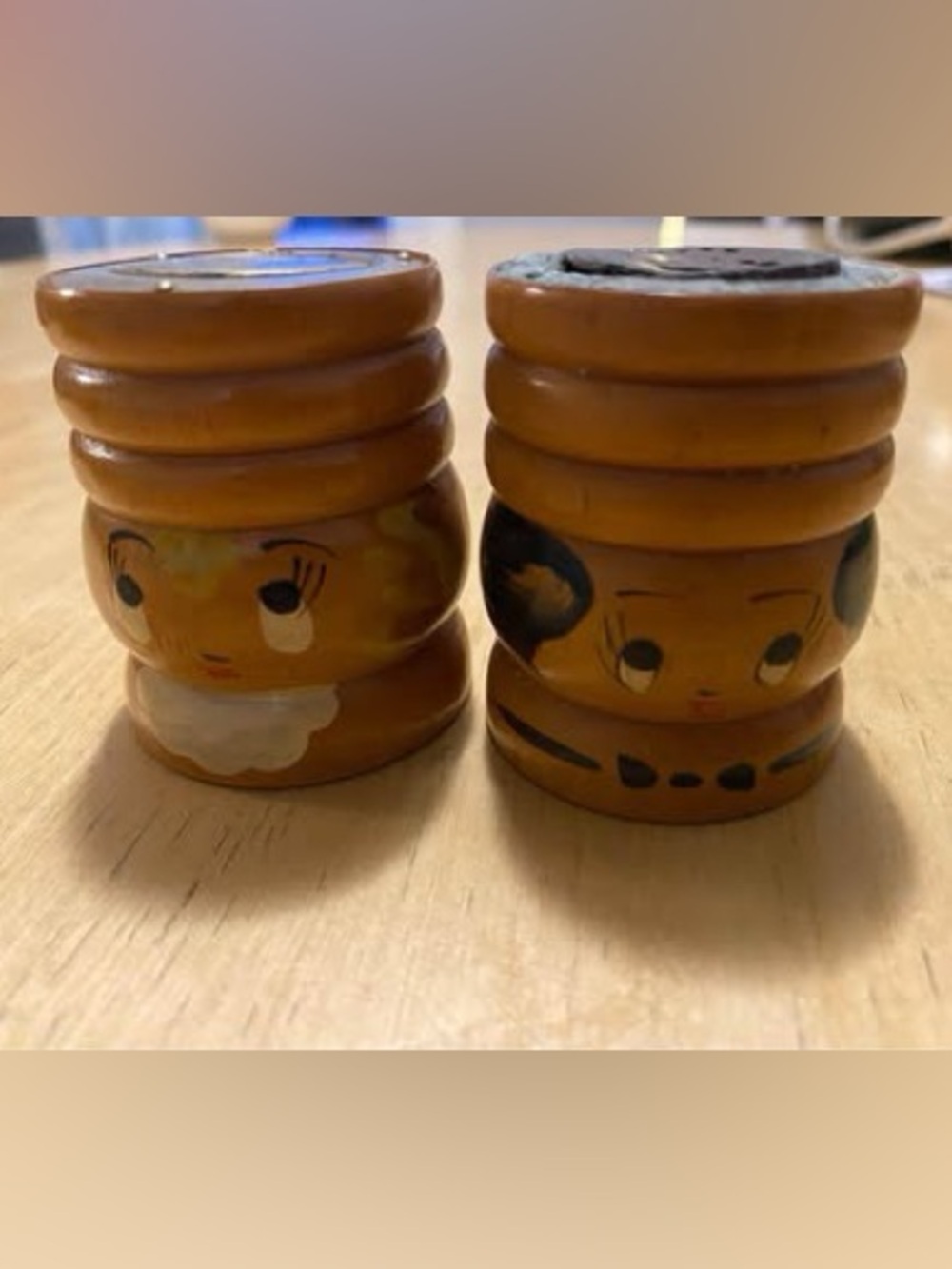 Vintage 1950s Wooden Boy & Girl Salt & Pepper Shakers Metal Push Dispenser Tops